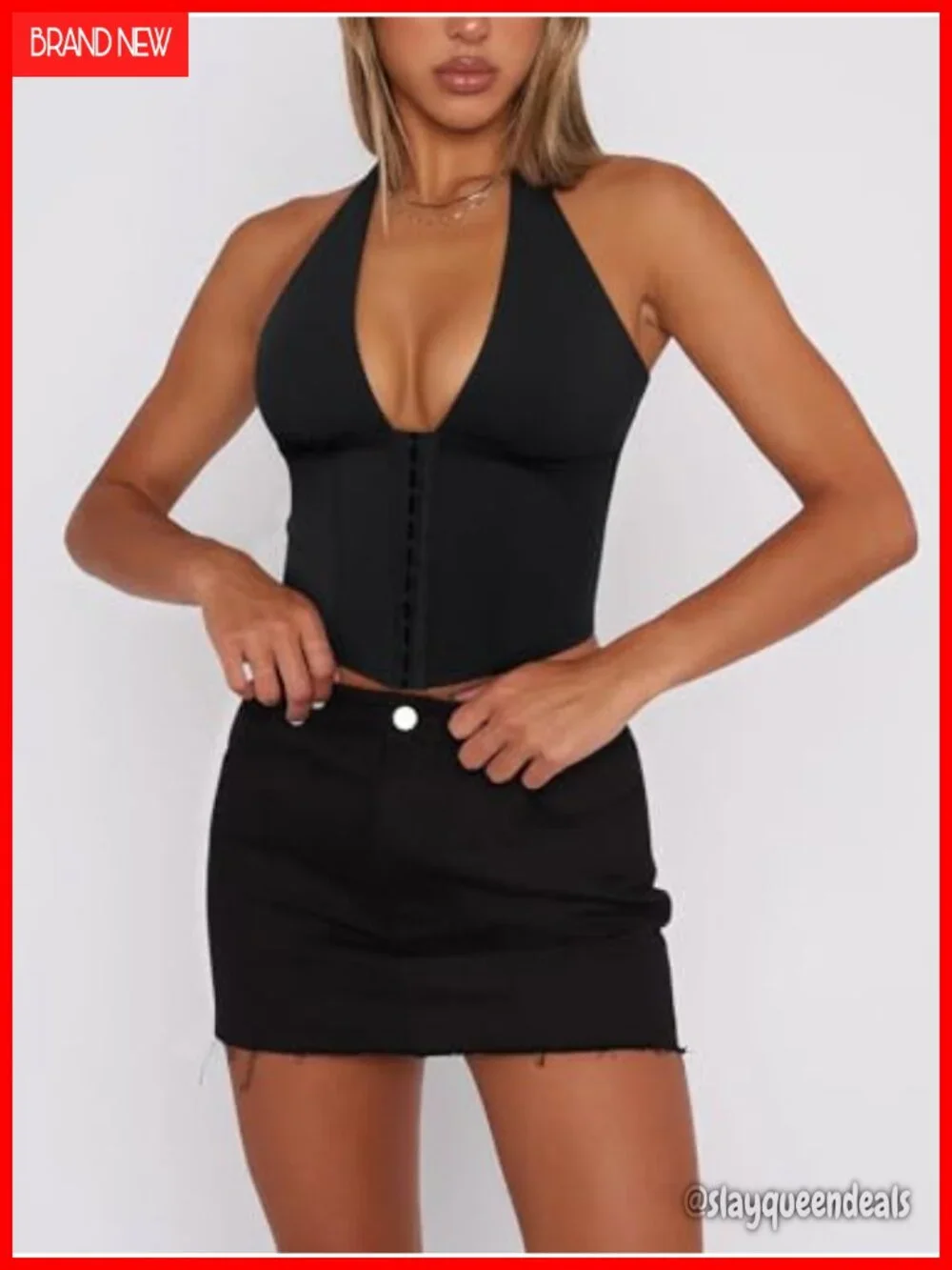 Halter Corset Crop Top Sleeveless Backless V Neck Lace Up Tank Top